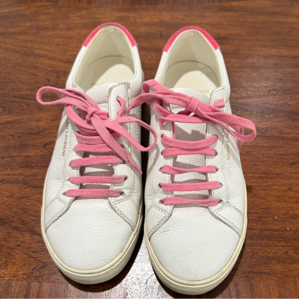 SAINT LAURENT Andy Grained Leather White/Pink Suede Low Top Sneakers